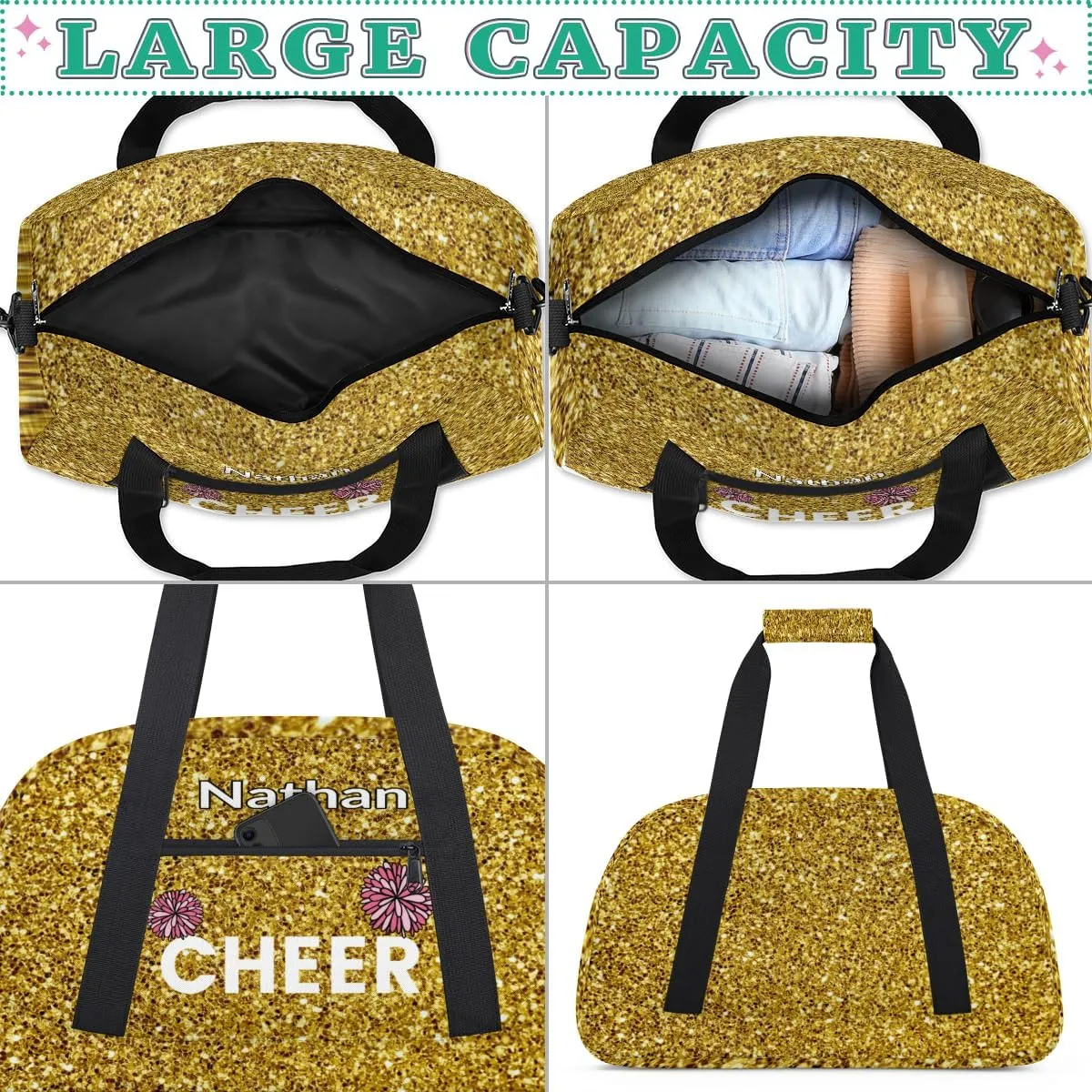 Custom Name Kids Overnight Duffel Bags, Cheer Flower Golden Glitter Cheerleaders Personalized Sport Gym Bag Travel Practice Gymnastics Duffel Bag
