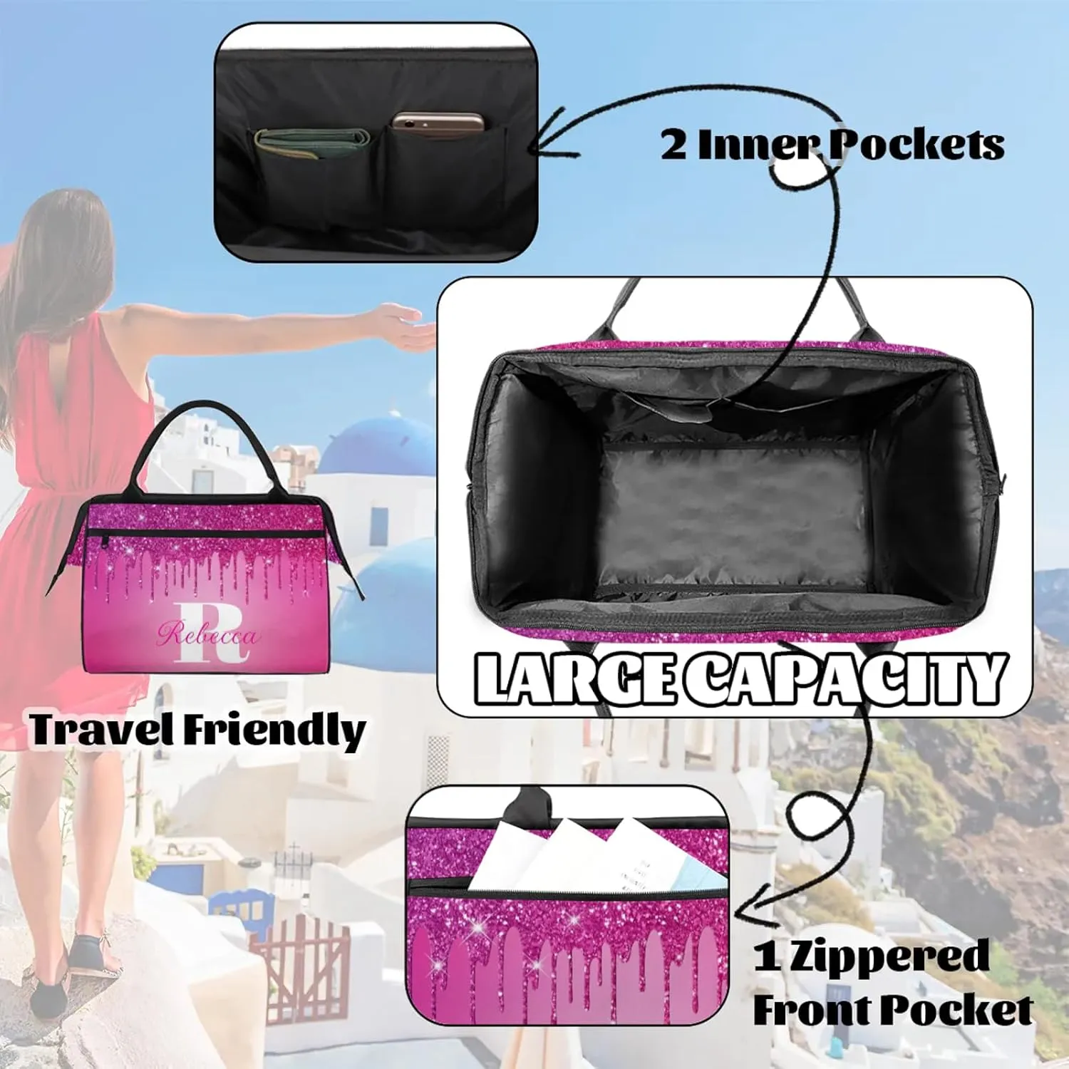 Custom Name Sports Duffel Bag Personalized Dance Gym Bag for Women Men Overnight Weekender Travel Duffel Bags Lightweight 15.2in, Berry