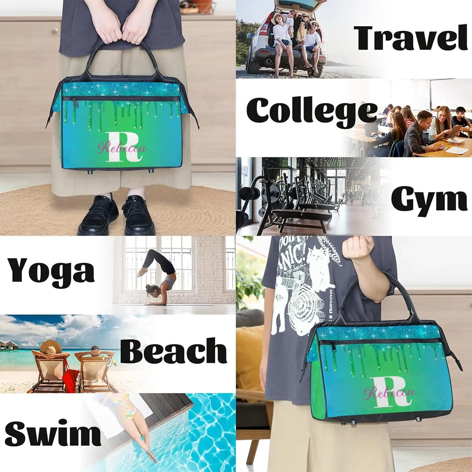 Custom Name Sports Duffel Bag Personalized Dance Gym Bag for Women Men Overnight Weekender Travel Duffel Bags Lightweight 15.2in, Blue Green