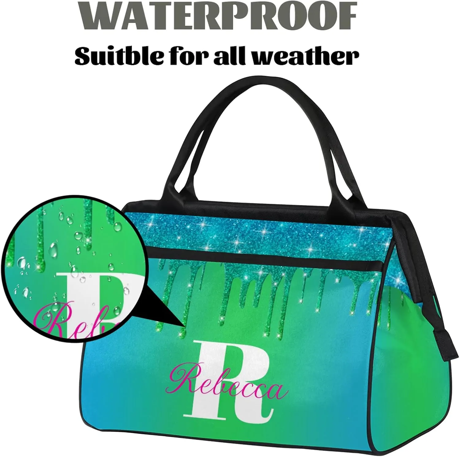 Custom Name Sports Duffel Bag Personalized Dance Gym Bag for Women Men Overnight Weekender Travel Duffel Bags Lightweight 15.2in, Blue Green