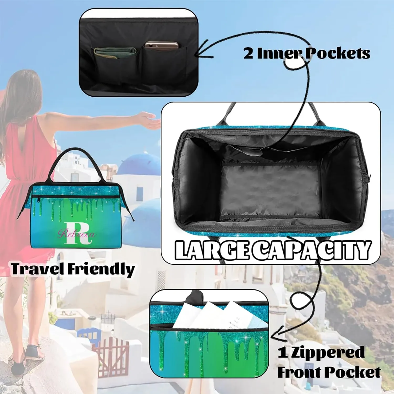 Custom Name Sports Duffel Bag Personalized Dance Gym Bag for Women Men Overnight Weekender Travel Duffel Bags Lightweight 15.2in, Blue Green
