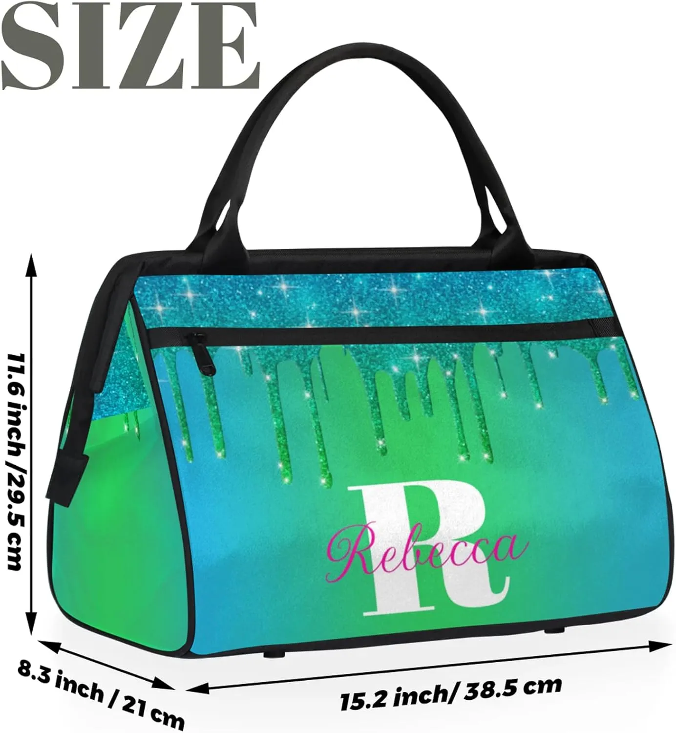 Custom Name Sports Duffel Bag Personalized Dance Gym Bag for Women Men Overnight Weekender Travel Duffel Bags Lightweight 15.2in, Blue Green