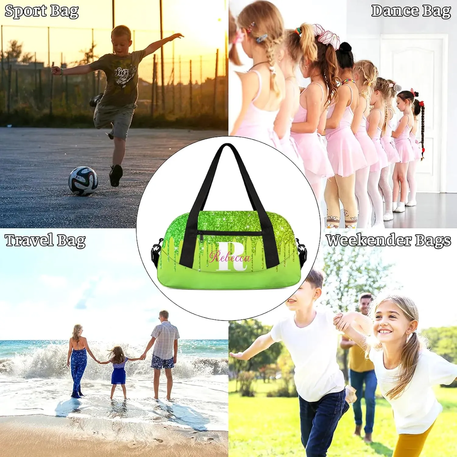Custom Name Sports Duffel Bag Personalized Dance Gym Bag for Women Men Overnight Weekender Travel Duffel Bags Lightweight 18.5in, Grass Green