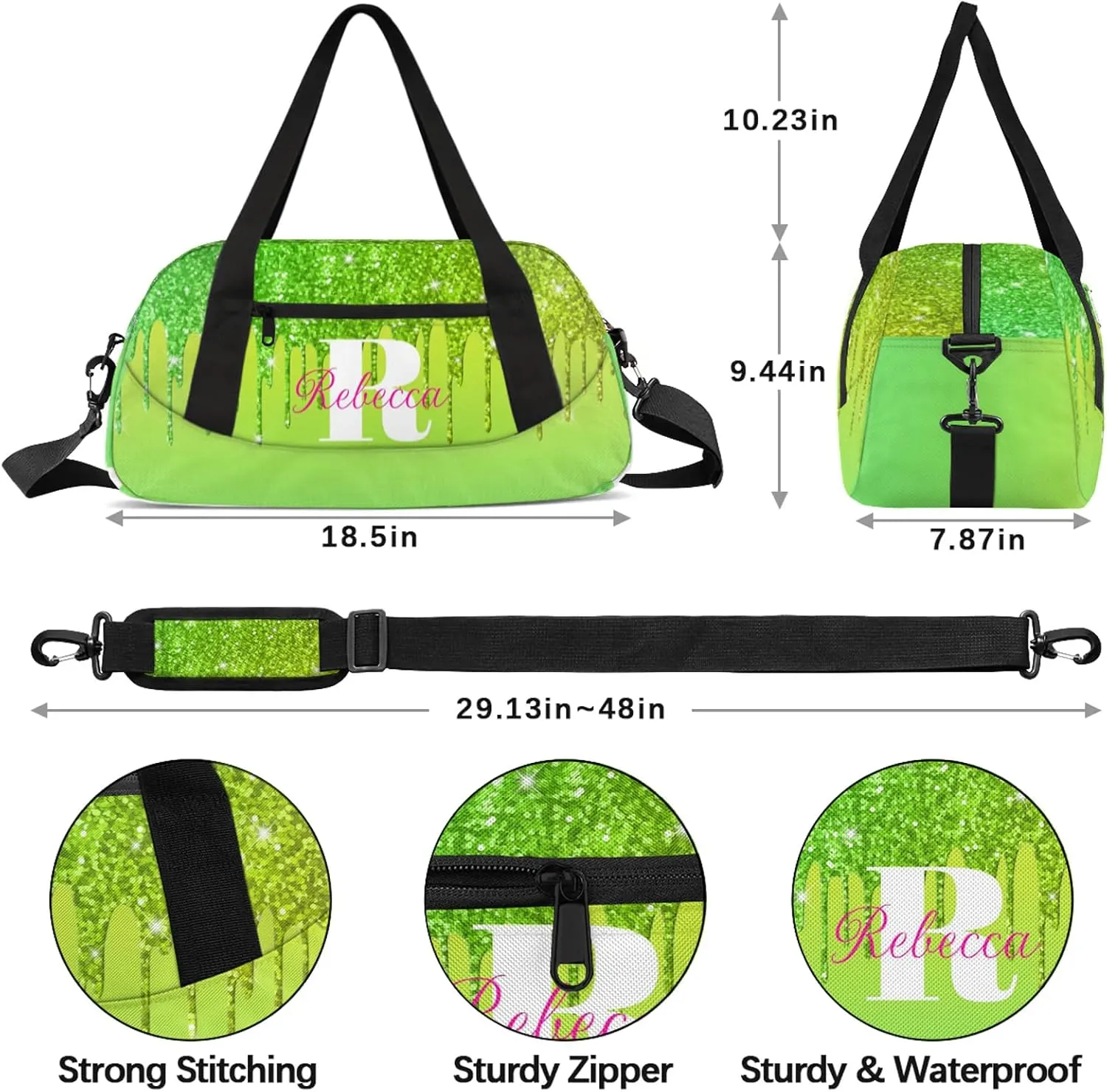 Custom Name Sports Duffel Bag Personalized Dance Gym Bag for Women Men Overnight Weekender Travel Duffel Bags Lightweight 18.5in, Grass Green