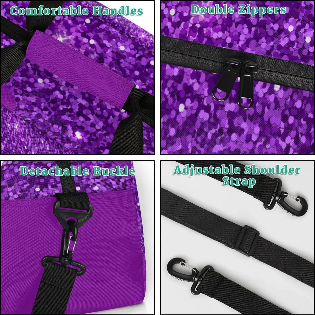 Custom Name Sports Duffel Bag, Personalized Gym Sport Duffel Cheerleading Bag Travel Weekender Tote Carry-On Bag, Dark Orchid Purple Shiny Glitters