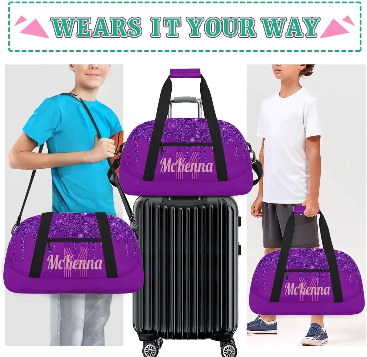 Custom Name Sports Duffel Bag, Personalized Gym Sport Duffel Cheerleading Bag Travel Weekender Tote Carry-On Bag, Dark Orchid Purple Shiny Glitters