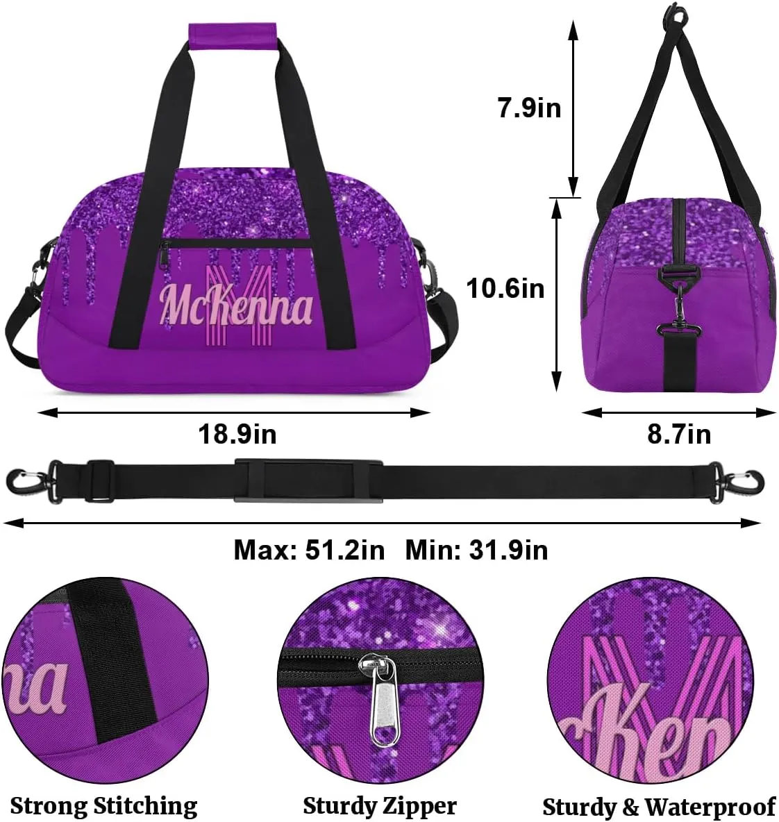 Custom Name Sports Duffel Bag, Personalized Gym Sport Duffel Cheerleading Bag Travel Weekender Tote Carry-On Bag, Dark Orchid Purple Shiny Glitters
