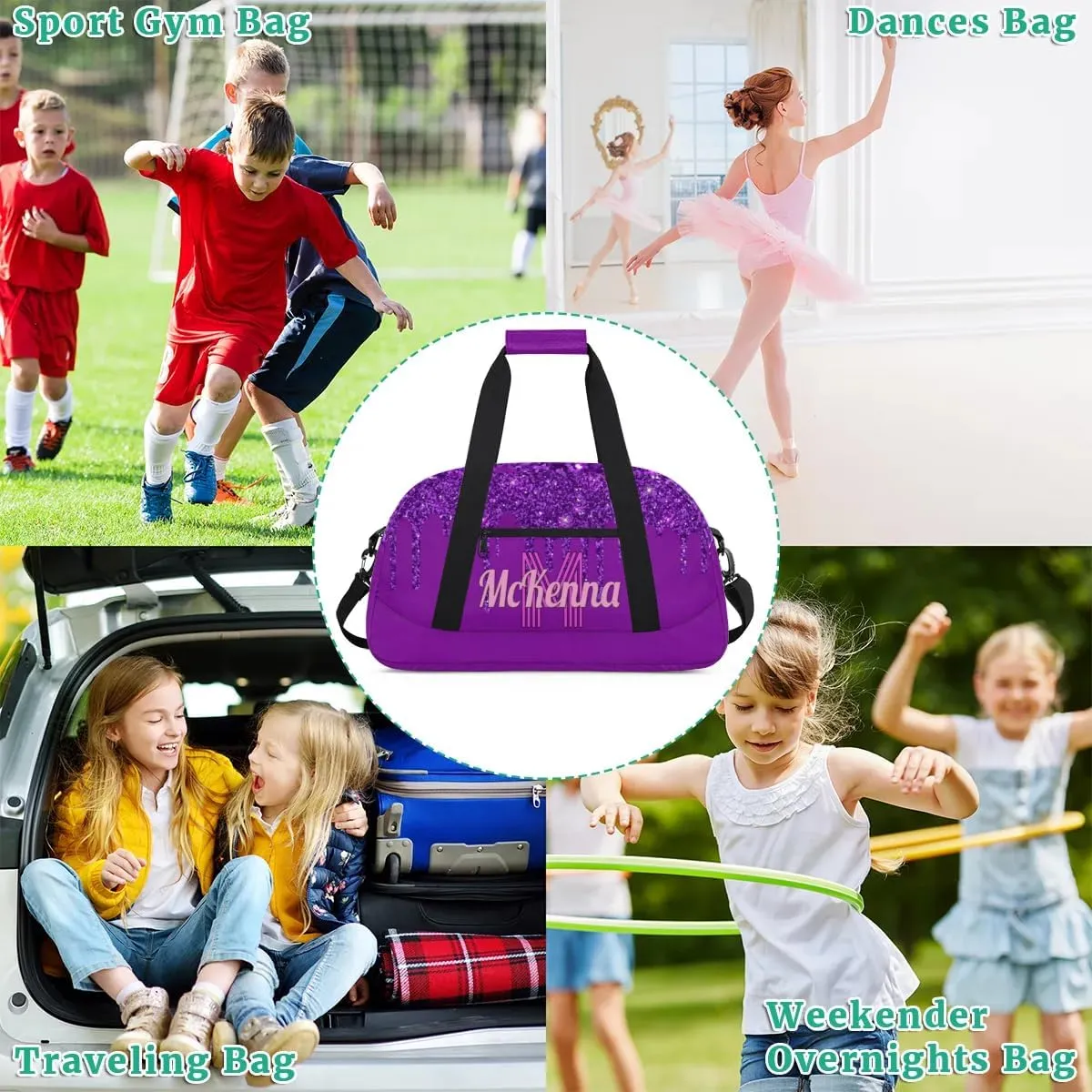 Custom Name Sports Duffel Bag, Personalized Gym Sport Duffel Cheerleading Bag Travel Weekender Tote Carry-On Bag, Dark Orchid Purple Shiny Glitters