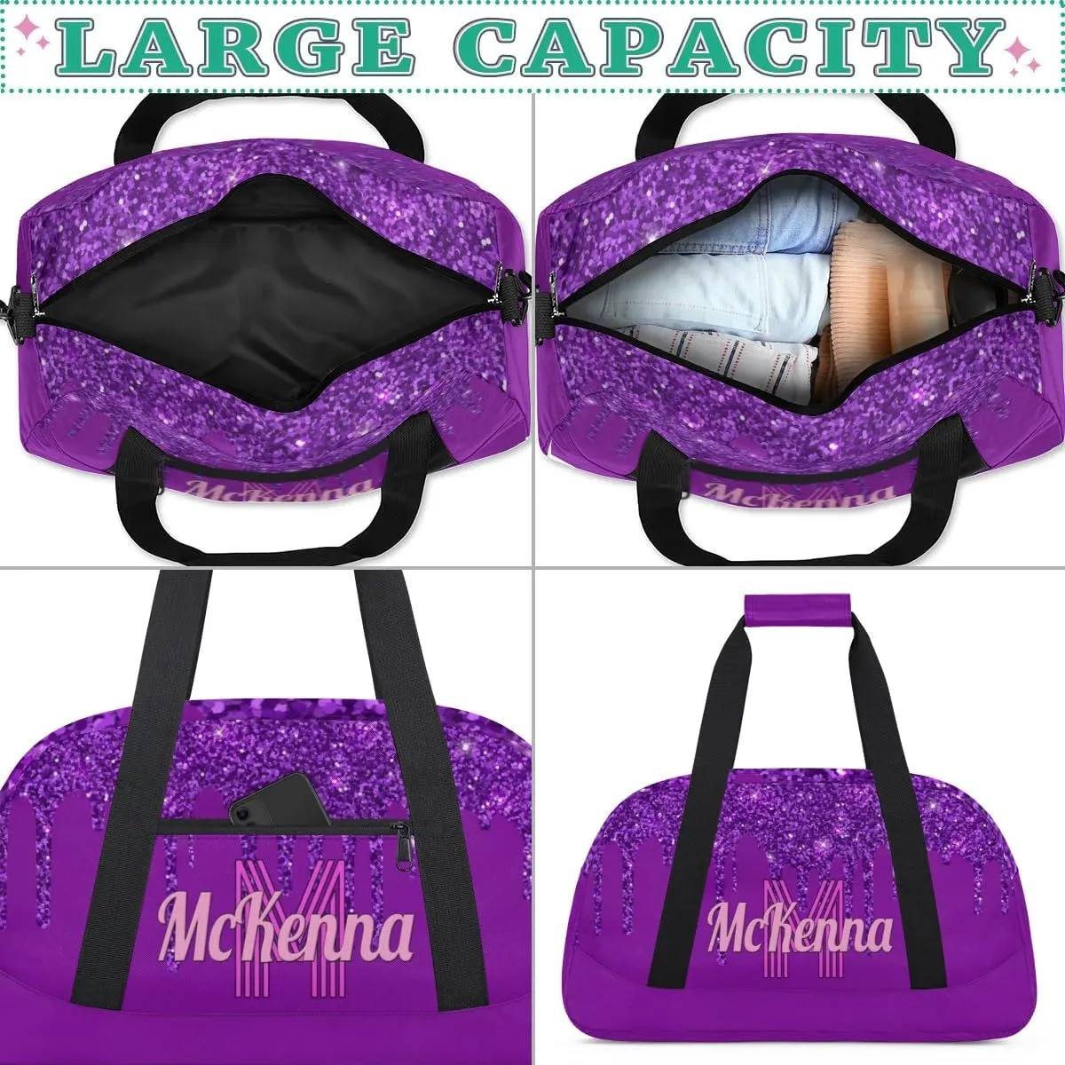 Custom Name Sports Duffel Bag, Personalized Gym Sport Duffel Cheerleading Bag Travel Weekender Tote Carry-On Bag, Dark Orchid Purple Shiny Glitters