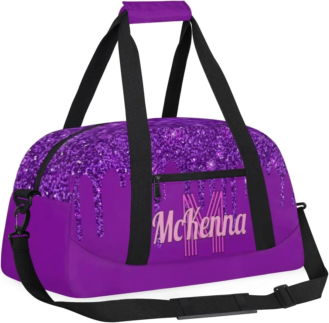 Custom Name Sports Duffel Bag, Personalized Gym Sport Duffel Cheerleading Bag Travel Weekender Tote Carry-On Bag, Dark Orchid Purple Shiny Glitters