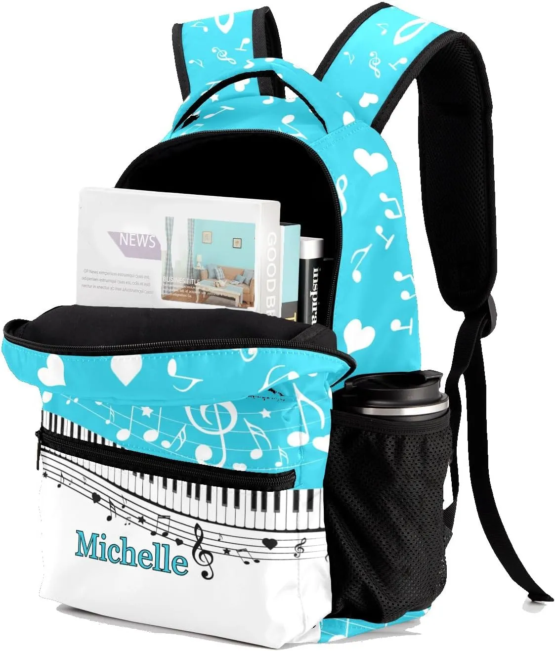Custom Piano Key Music Notes Sky Blue School Backpack Personalized Shoulders Bookbags for Sports Party