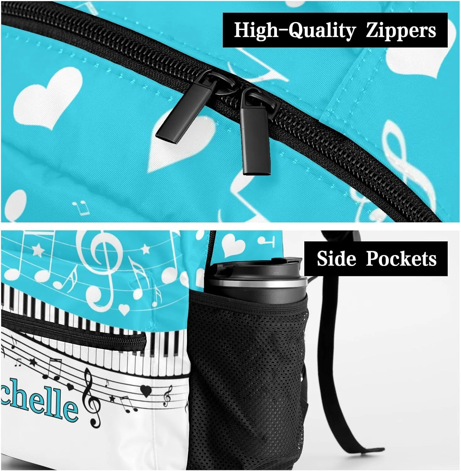 Custom Piano Key Music Notes Sky Blue School Backpack Personalized Shoulders Bookbags for Sports Party