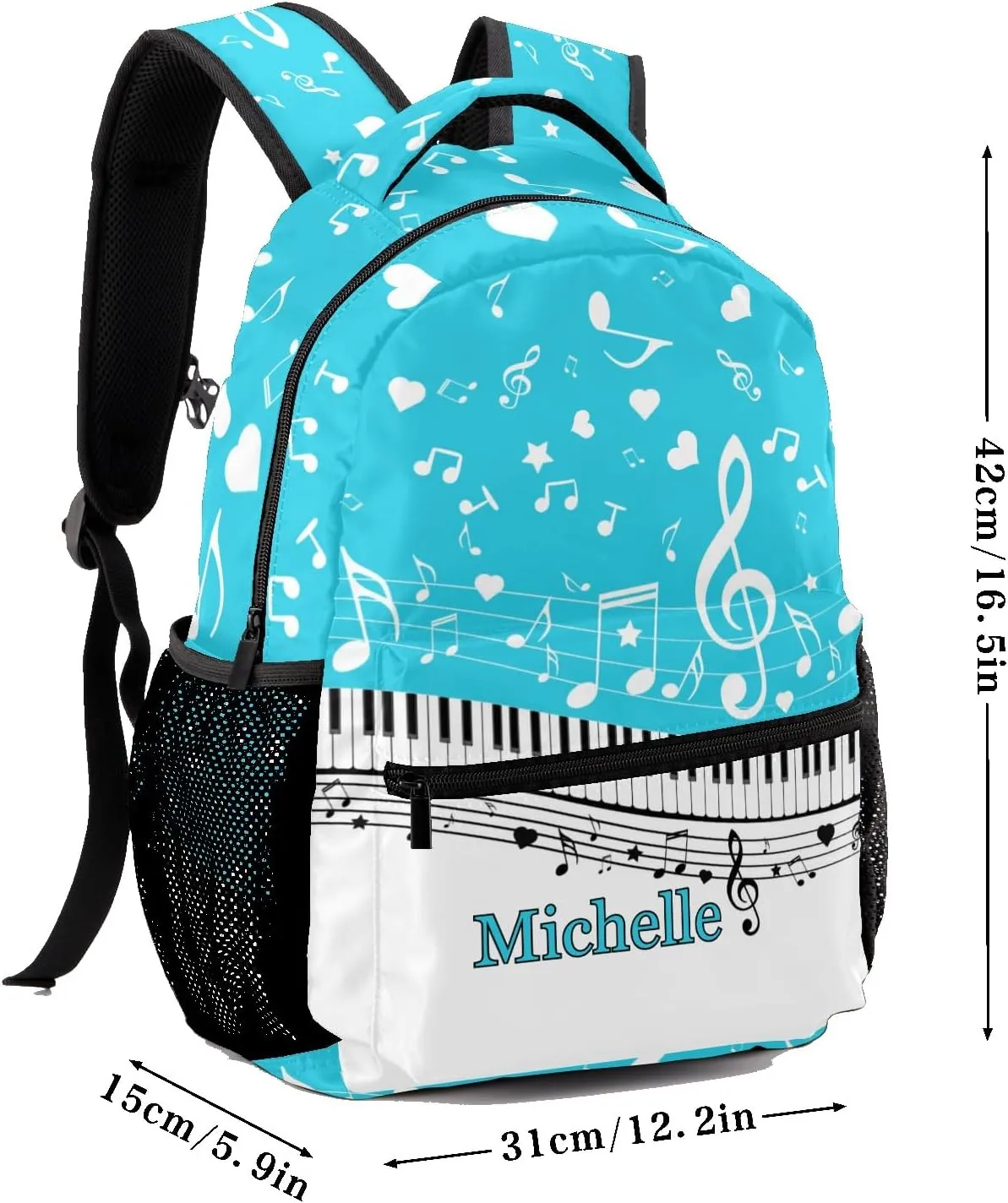 Custom Piano Key Music Notes Sky Blue School Backpack Personalized Shoulders Bookbags for Sports Party