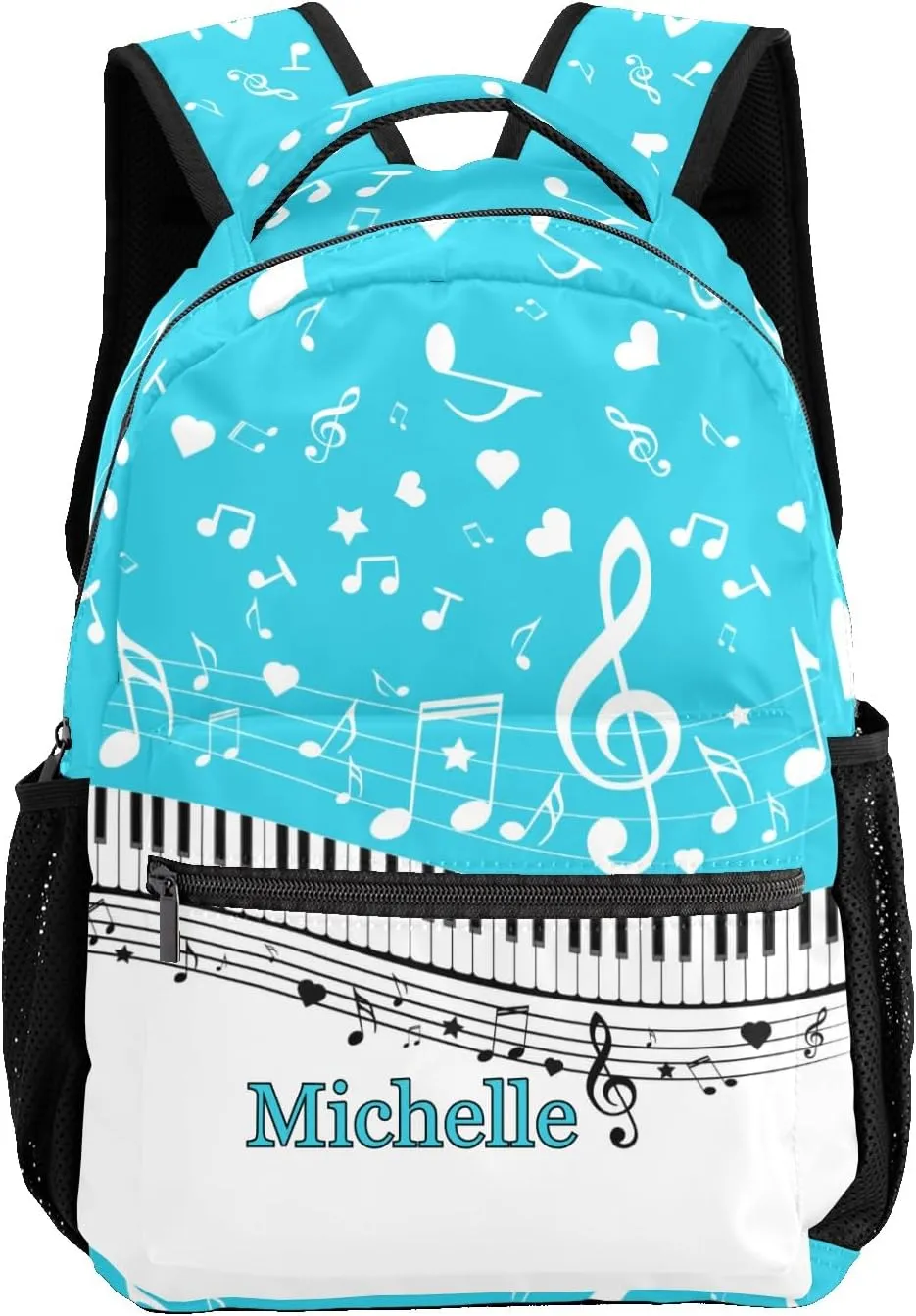 Custom Piano Key Music Notes Sky Blue School Backpack Personalized Shoulders Bookbags for Sports Party