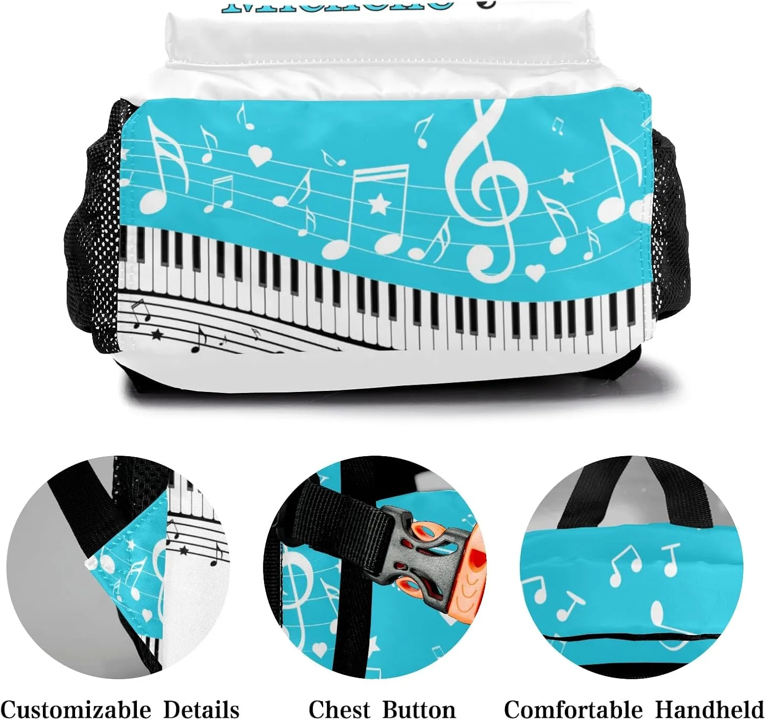 Custom Piano Key Music Notes Sky Blue School Backpack Personalized Shoulders Bookbags for Sports Party