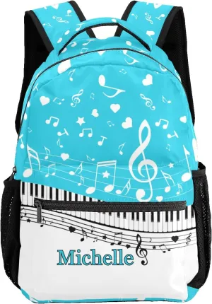 Custom Piano Key Music Notes Sky Blue School Backpack Personalized Shoulders Bookbags for Sports Party