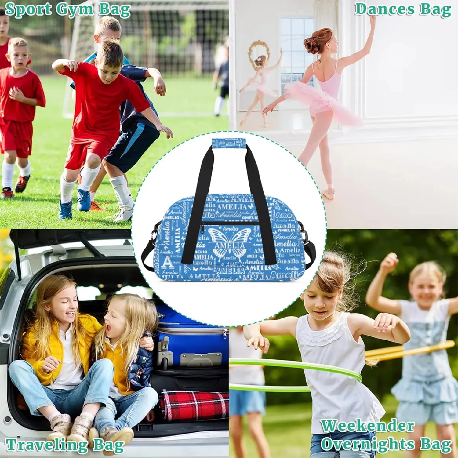 Custom Sports Duffel Bags with Name, Butterfly Personalized Gym Bag Customized Travel Duffle Bag Overnight Carry-On Bag Weekender Bags, Blue
