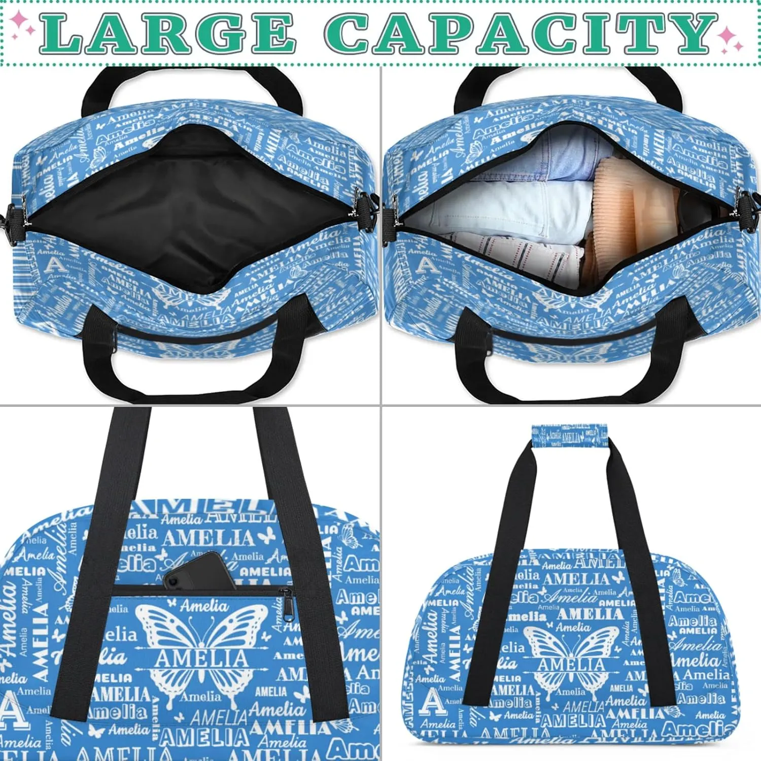 Custom Sports Duffel Bags with Name, Butterfly Personalized Gym Bag Customized Travel Duffle Bag Overnight Carry-On Bag Weekender Bags, Blue