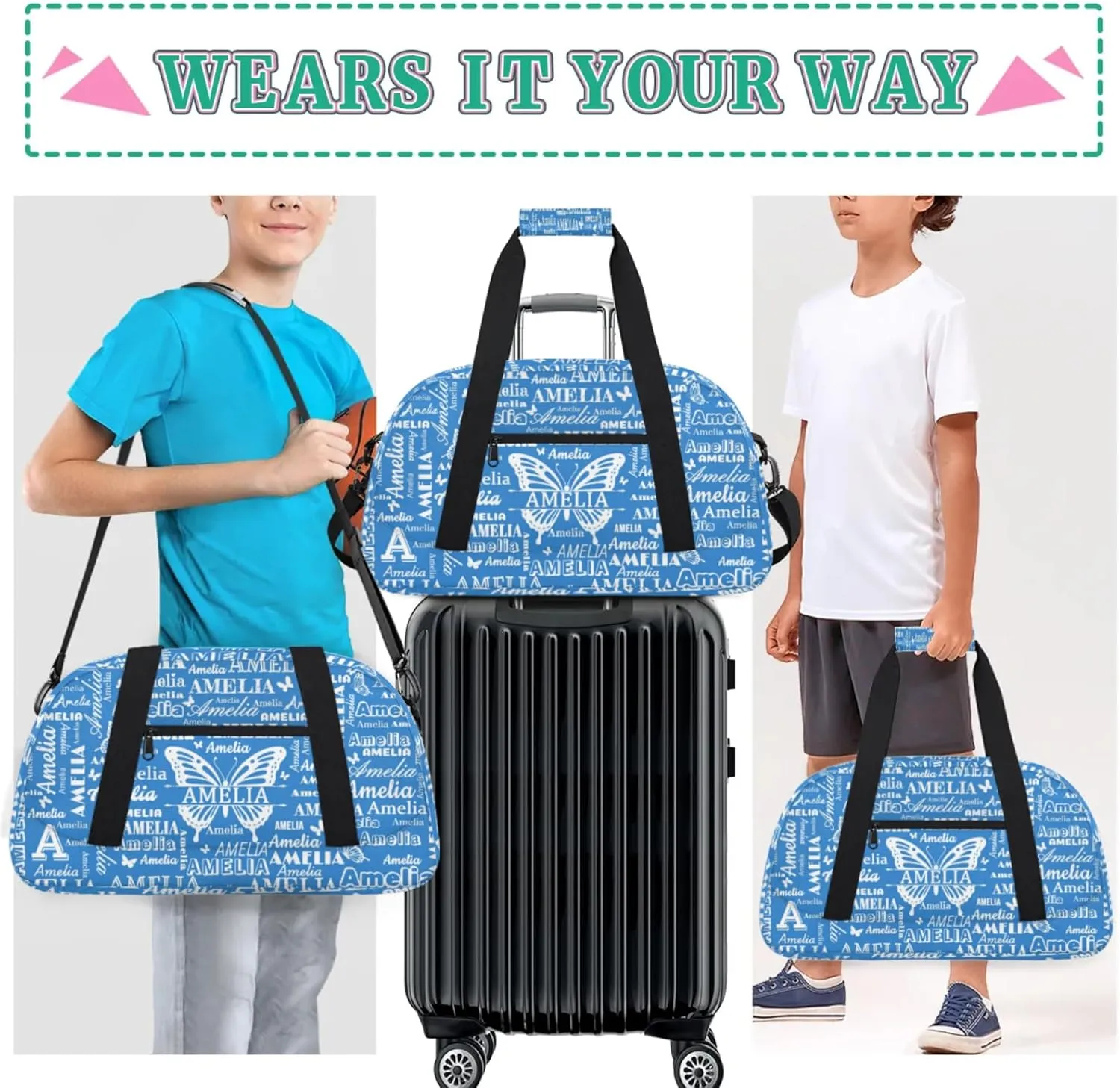 Custom Sports Duffel Bags with Name, Butterfly Personalized Gym Bag Customized Travel Duffle Bag Overnight Carry-On Bag Weekender Bags, Blue