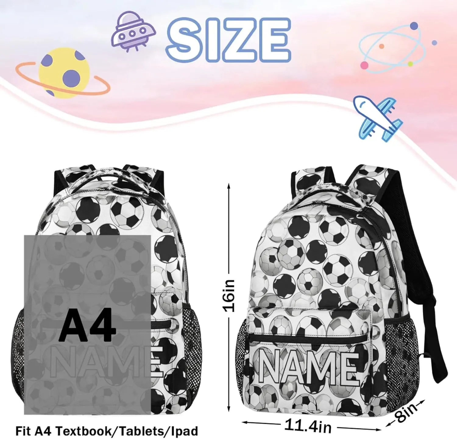 Custom Sports Soccer Backpack with Name Personalized Waterproof Casual Daypack Black White Customize Laptop Backpacks for Women Men