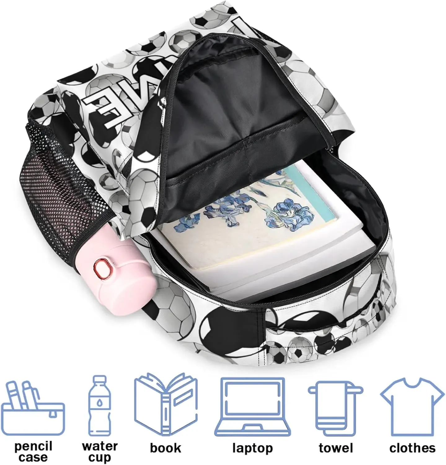 Custom Sports Soccer Backpack with Name Personalized Waterproof Casual Daypack Black White Customize Laptop Backpacks for Women Men