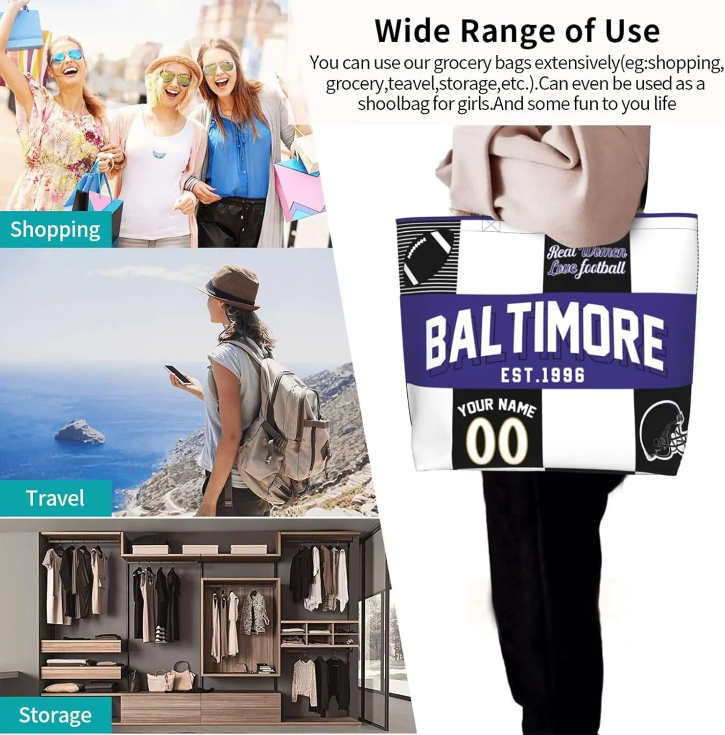 Custom Tote Bags Custom Football Bag Personalized Add Your Name and Number Shoulder Bag Beach Bag For Women Fans Gift