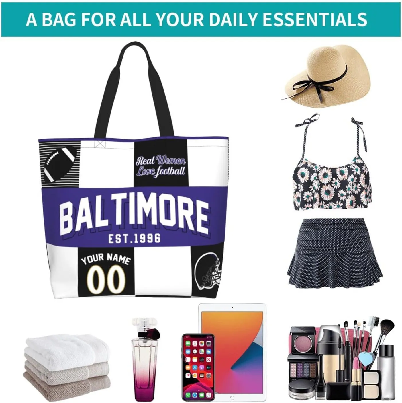 Custom Tote Bags Custom Football Bag Personalized Add Your Name and Number Shoulder Bag Beach Bag For Women Fans Gift
