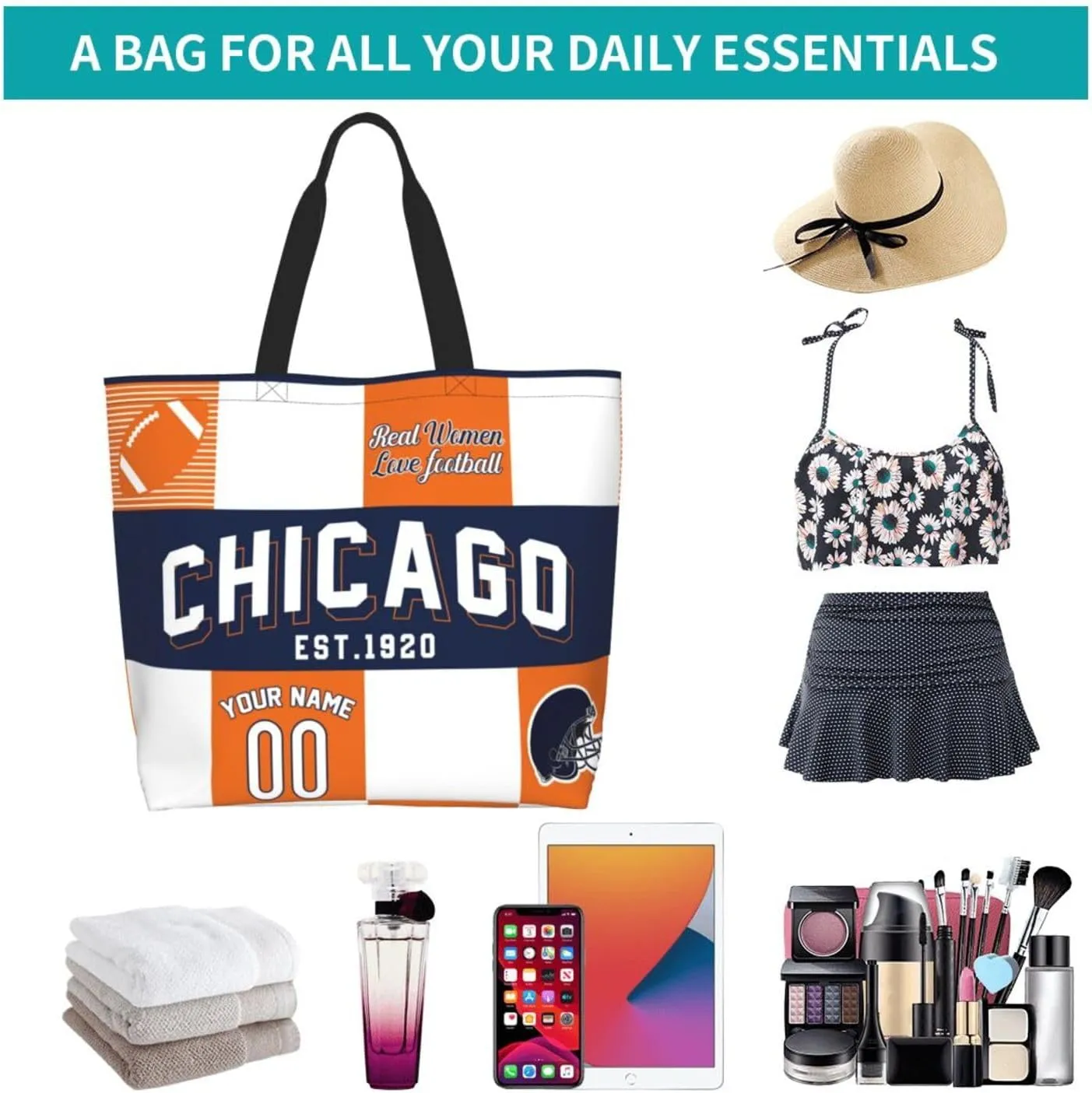 Custom Tote Bags Custom Football Bag Personalized Add Your Name and Number Shoulder Bag Beach Bag For Women Fans Gift