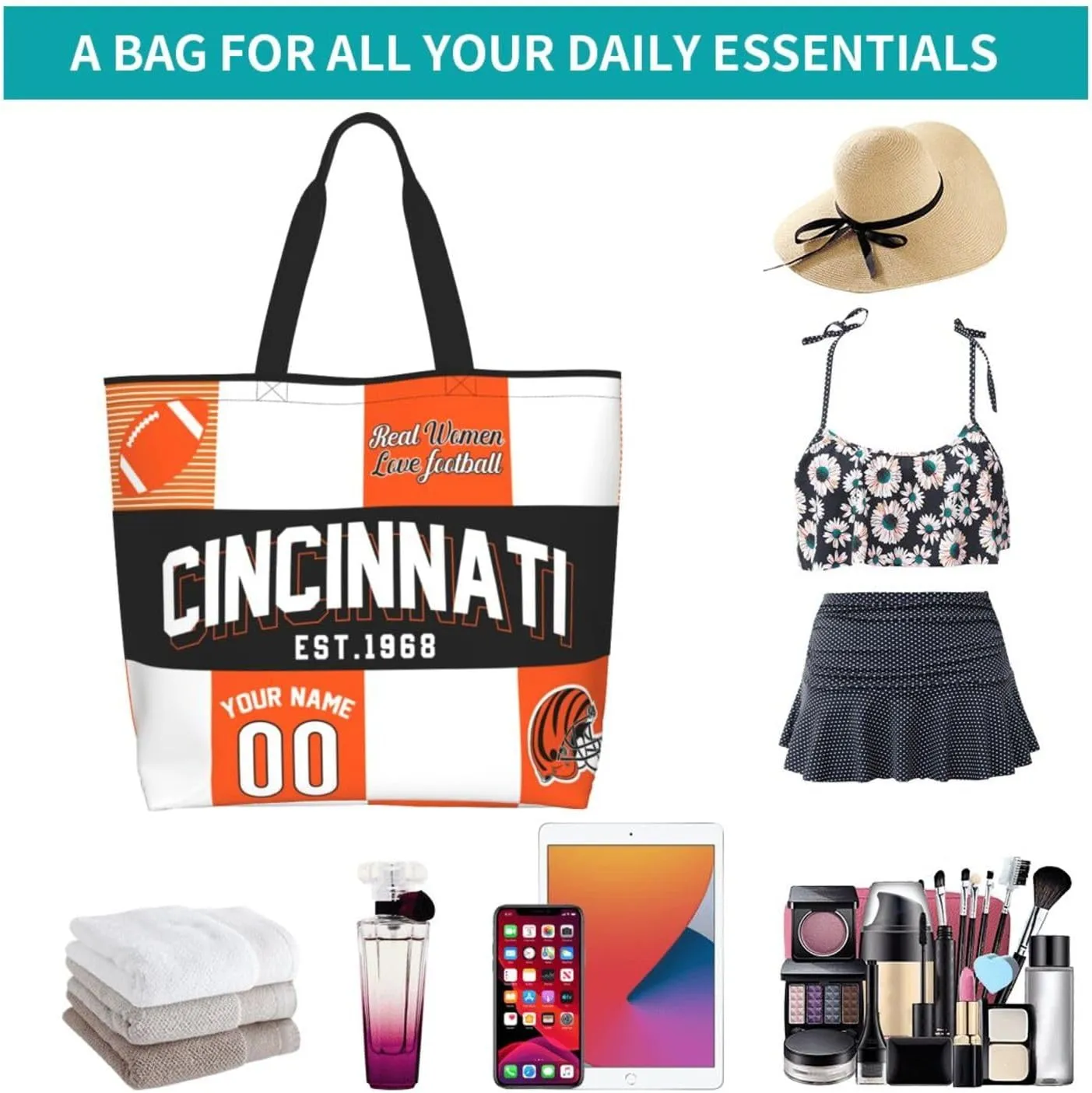 Custom Tote Bags Custom Football Bag Personalized Add Your Name and Number Shoulder Bag Beach Bag For Women Fans Gift