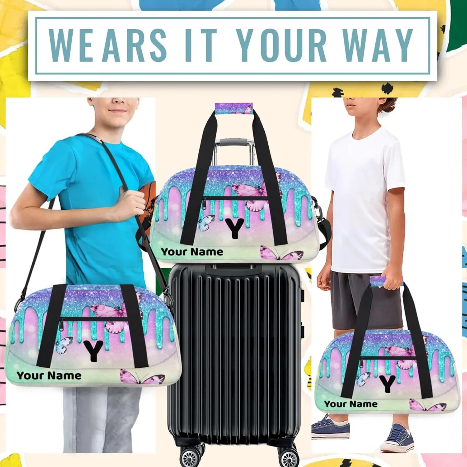 Custom Travel Gym Duffel Bag for Women Men Personalized Weekender Bag Carry On Tote Overnight Bag for Dance Sport Blue Cyan