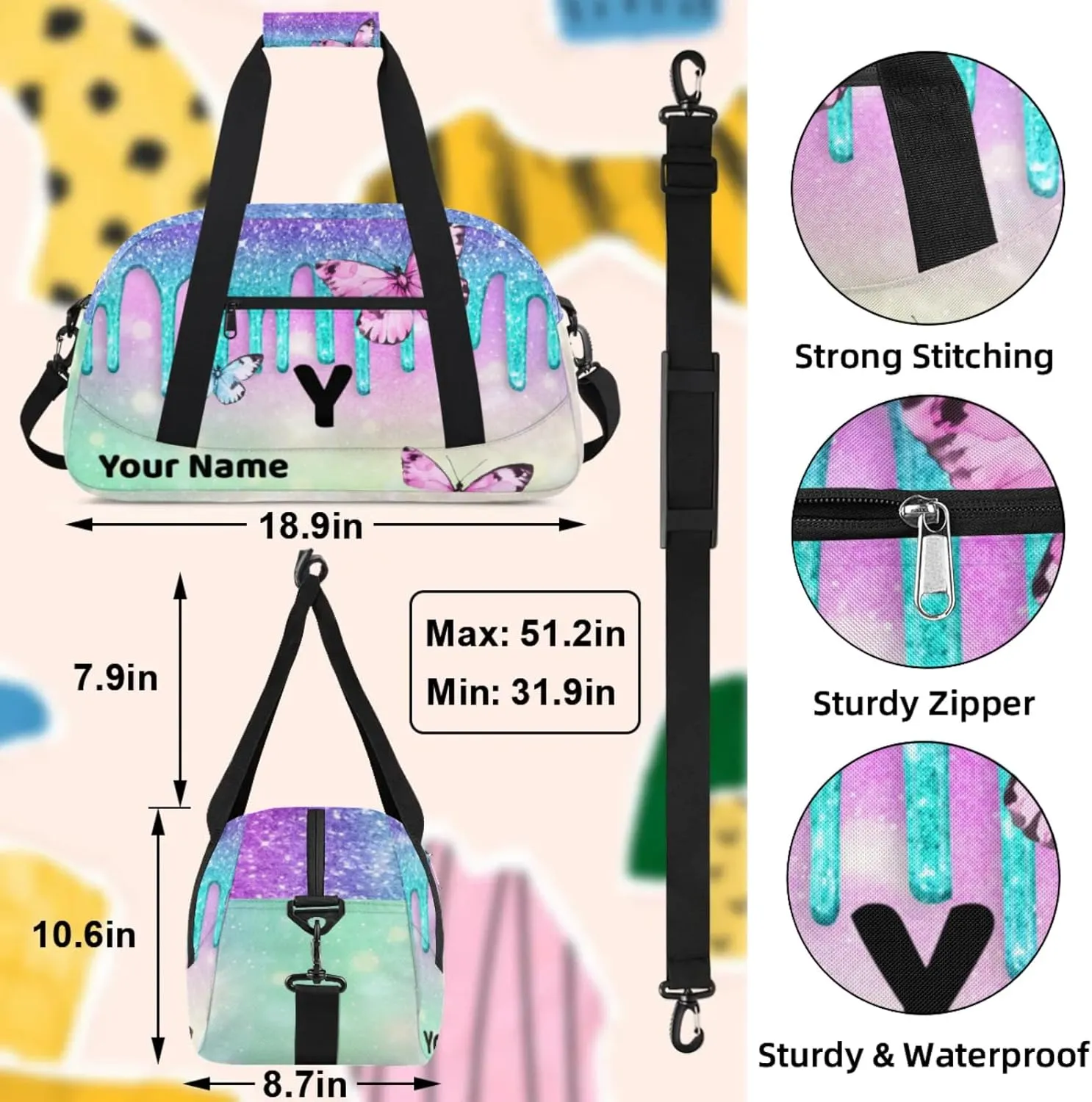 Custom Travel Gym Duffel Bag for Women Men Personalized Weekender Bag Carry On Tote Overnight Bag for Dance Sport Blue Cyan