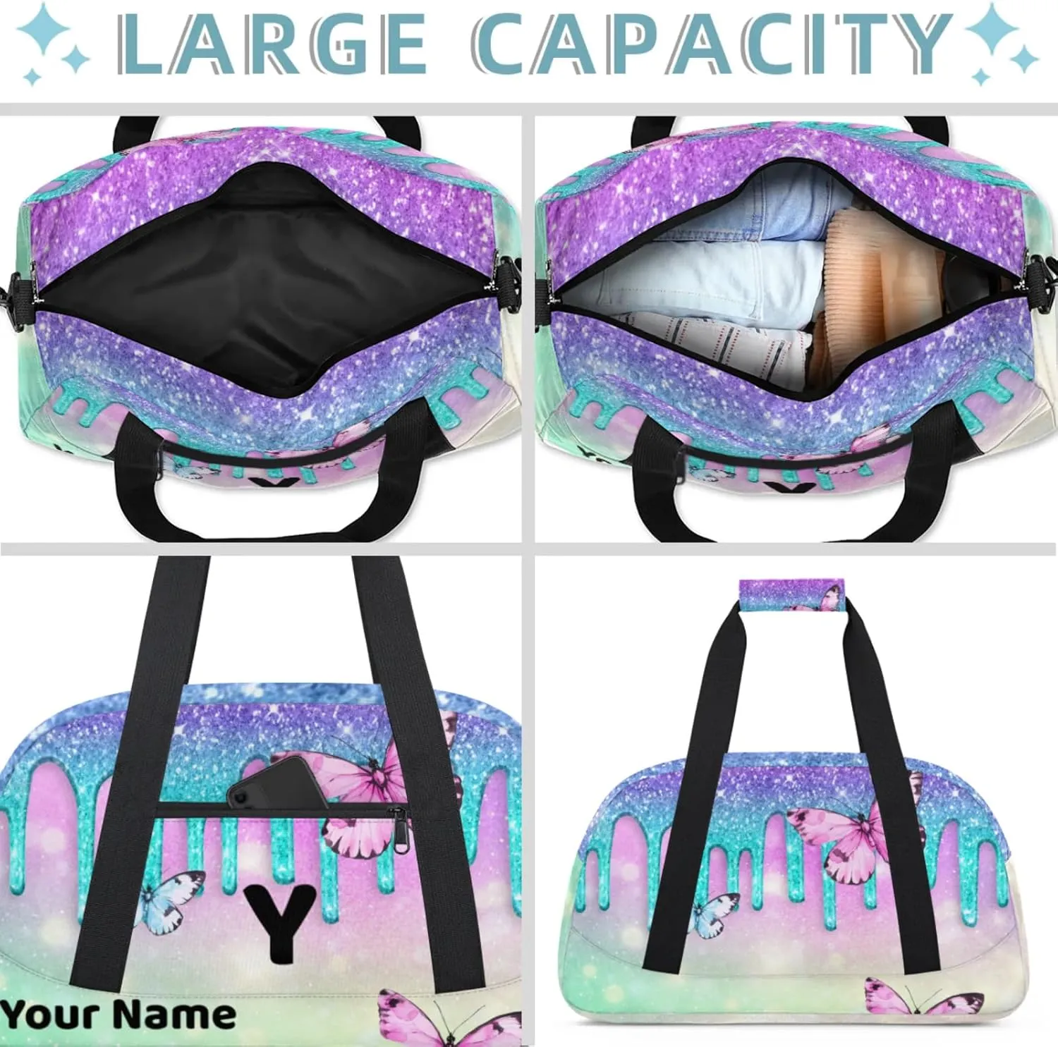 Custom Travel Gym Duffel Bag for Women Men Personalized Weekender Bag Carry On Tote Overnight Bag for Dance Sport Blue Cyan
