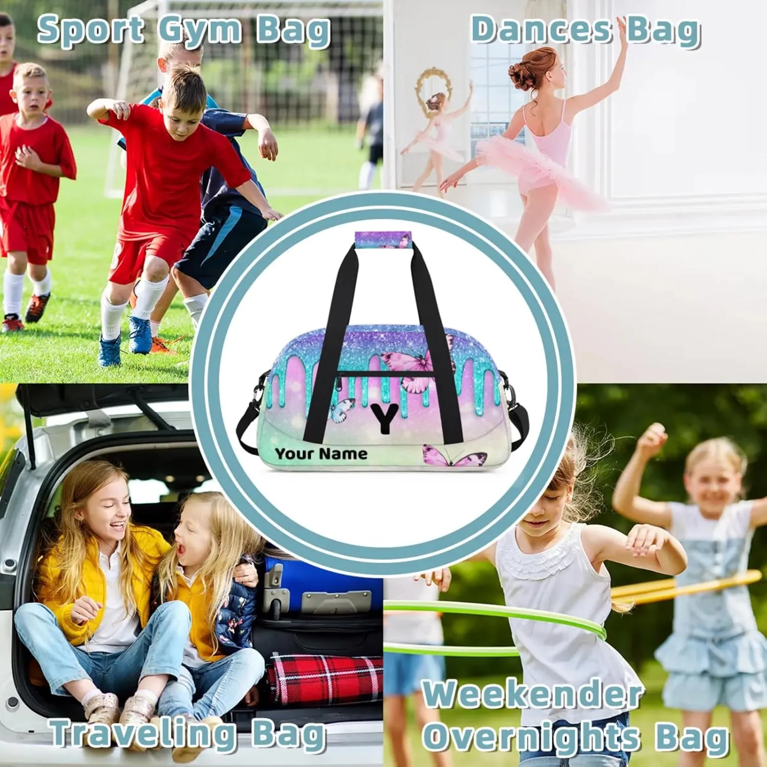 Custom Travel Gym Duffel Bag for Women Men Personalized Weekender Bag Carry On Tote Overnight Bag for Dance Sport Blue Cyan
