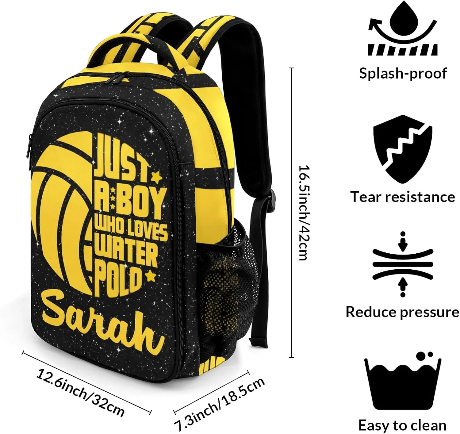 Custom Water Polo Boy Sport Backpack Name Casual Bag Book Pack Daypack for Women Men Camping Hiking Bling Glitter Print