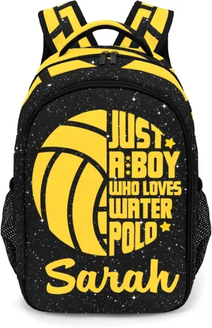 Custom Water Polo Boy Sport Backpack Name Casual Bag Book Pack Daypack for Women Men Camping Hiking Bling Glitter Print