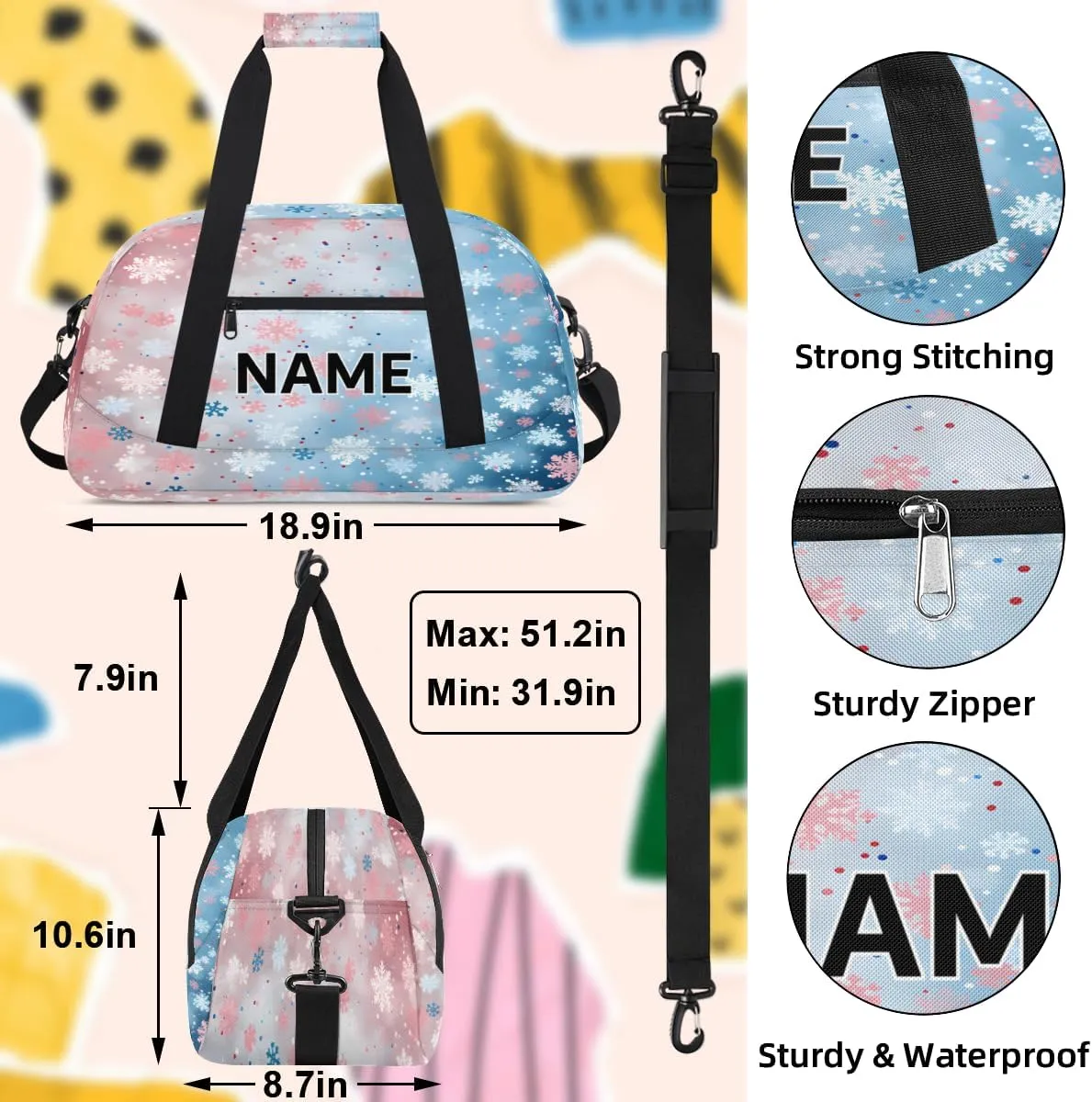 Custom Winter Snowflake Small Gym Bag 18 inch for Women Men Personalized Snowflakes Carry On Overnight Weekender Bag for Travel Work Dance Sport