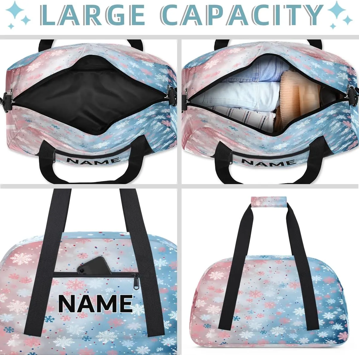 Custom Winter Snowflake Small Gym Bag 18 inch for Women Men Personalized Snowflakes Carry On Overnight Weekender Bag for Travel Work Dance Sport