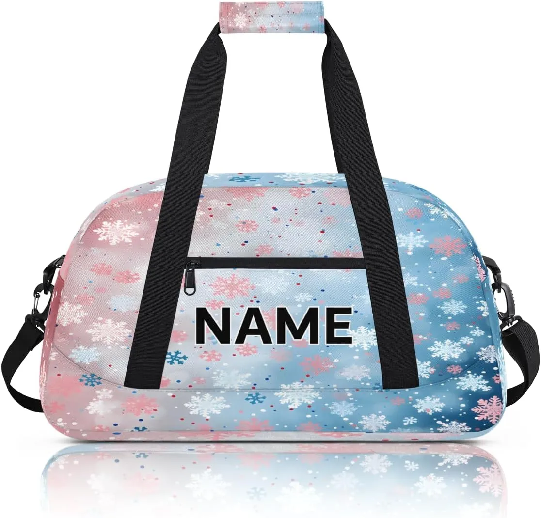 Custom Winter Snowflake Small Gym Bag 18 inch for Women Men Personalized Snowflakes Carry On Overnight Weekender Bag for Travel Work Dance Sport