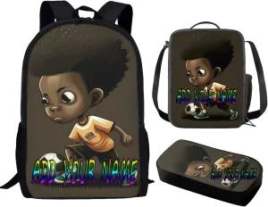 Custom Your Name African Boy School Bags for Girls Lunch Bags Pencil Case,Soccer Ball Kids Backpack Primary School Bookbag Lunchbox,Boys Back Pack