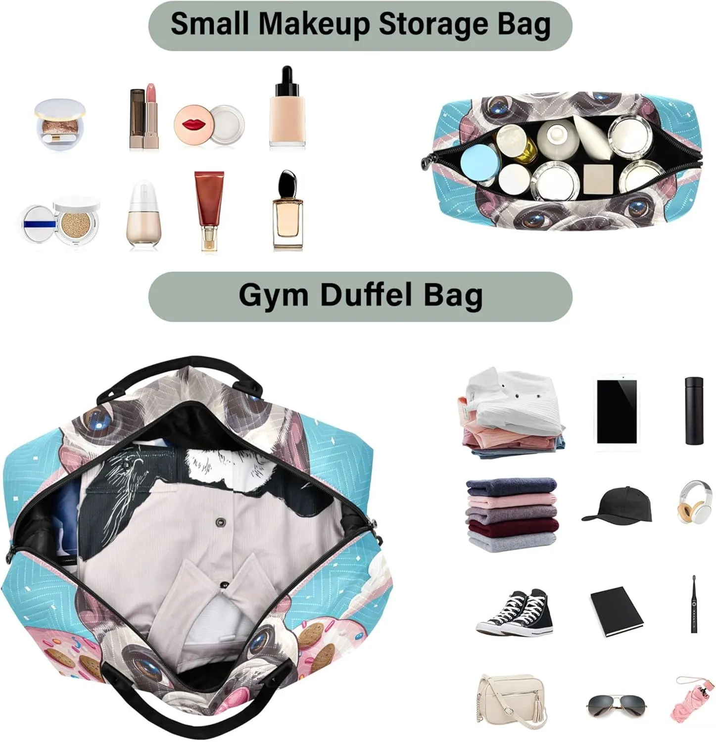 Cute Adorable French Bulldog Duffle Bags Travel Cosmetic Bags Set of 2, Design Women Small Gym Bag Duffel for Traveling