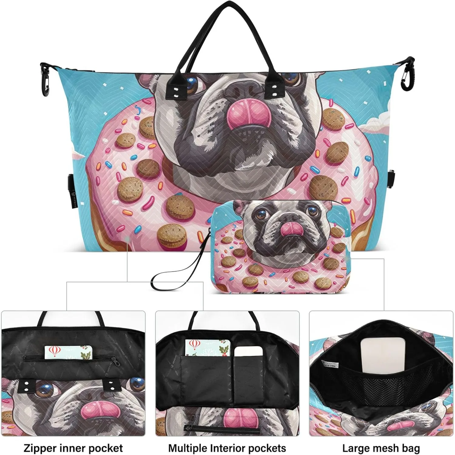 Cute Adorable French Bulldog Duffle Bags Travel Cosmetic Bags Set of 2, Design Women Small Gym Bag Duffel for Traveling