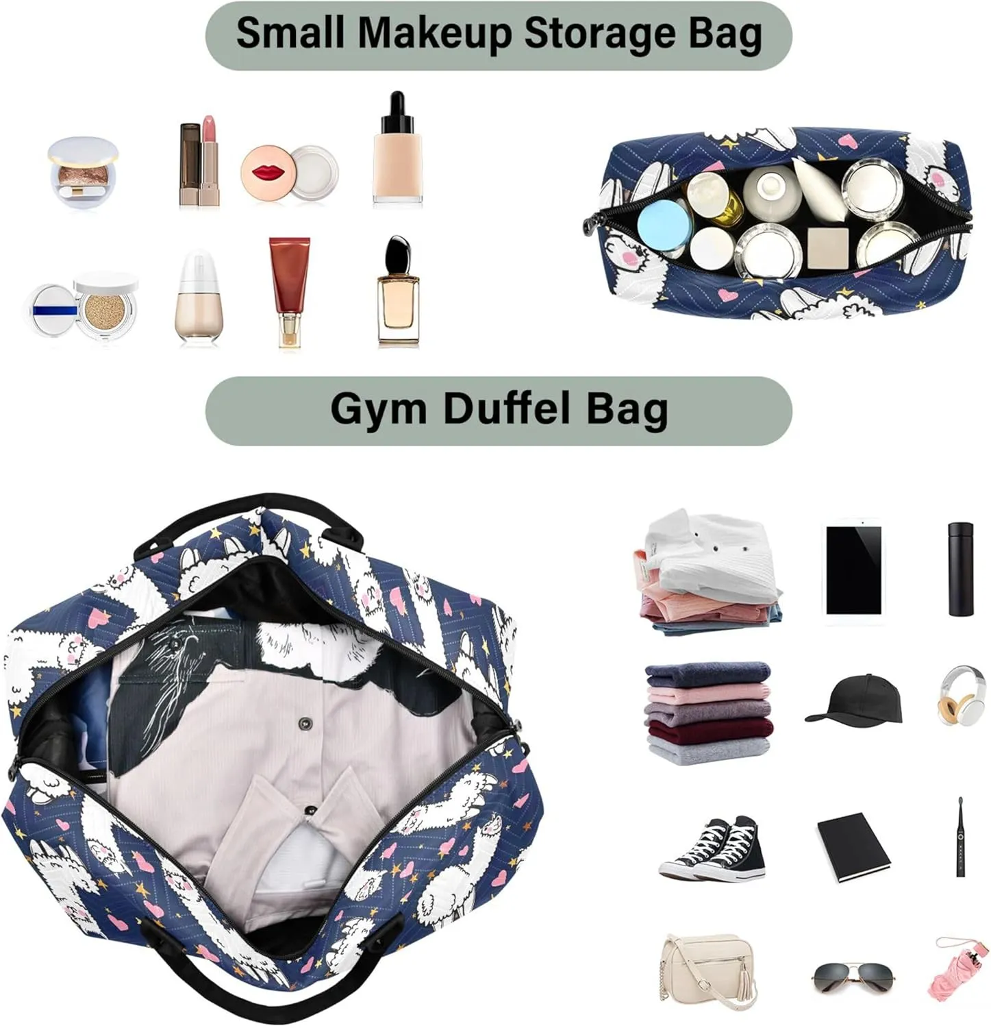 Cute Alpacas Hearts Duffel Bags for Traveling Toiletry Bags Set, Art Womens Gym Tote Bags Duffel for Traveling