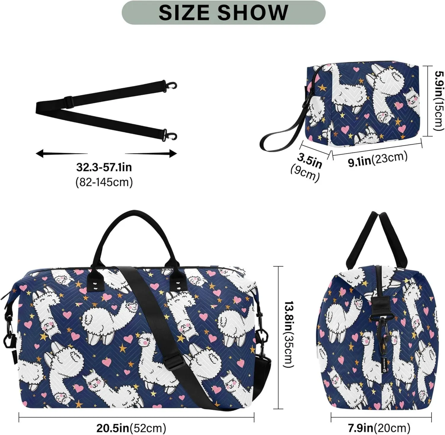 Cute Alpacas Hearts Duffel Bags for Traveling Toiletry Bags Set, Art Womens Gym Tote Bags Duffel for Traveling