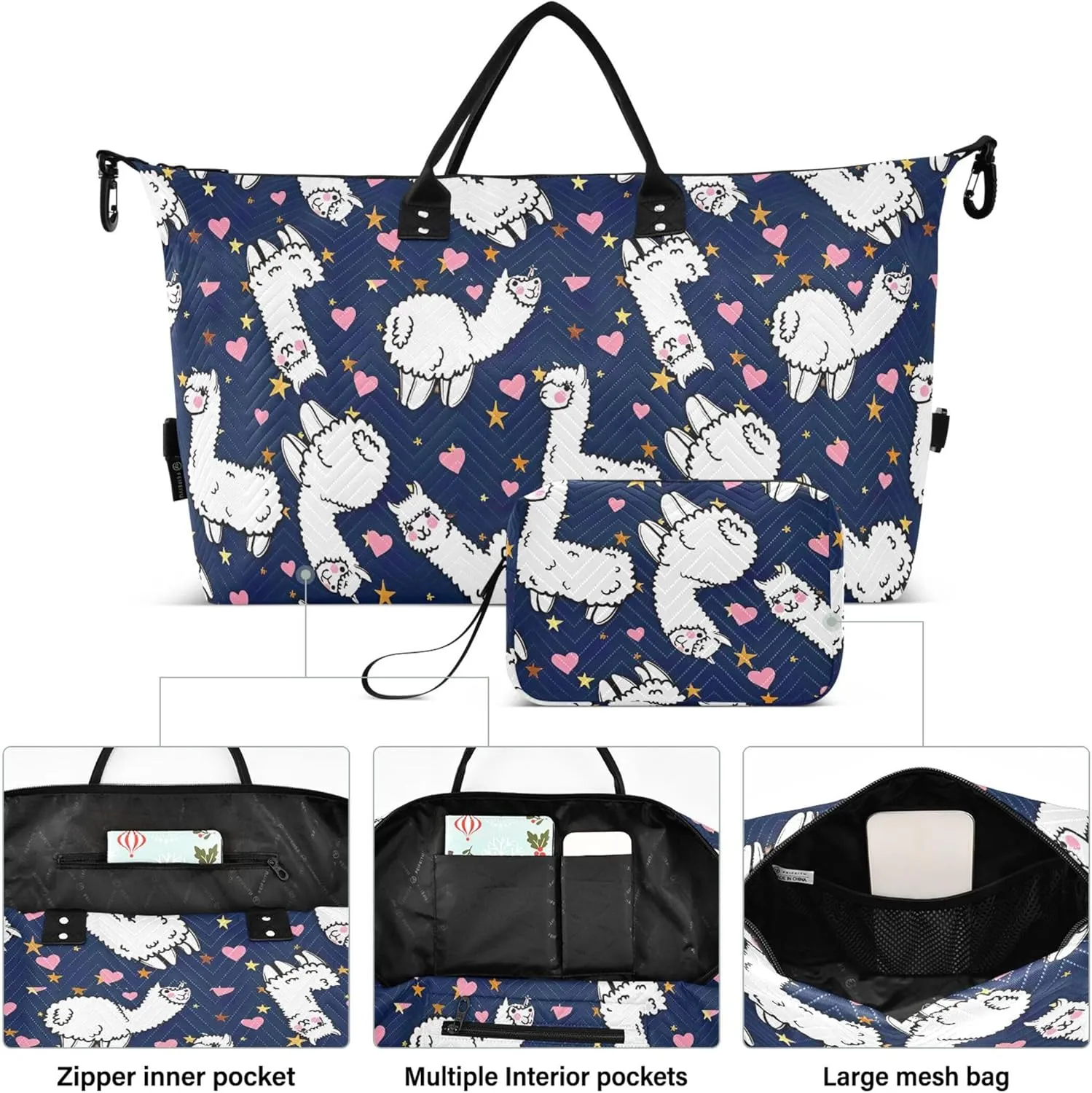 Cute Alpacas Hearts Duffel Bags for Traveling Toiletry Bags Set, Art Womens Gym Tote Bags Duffel for Traveling
