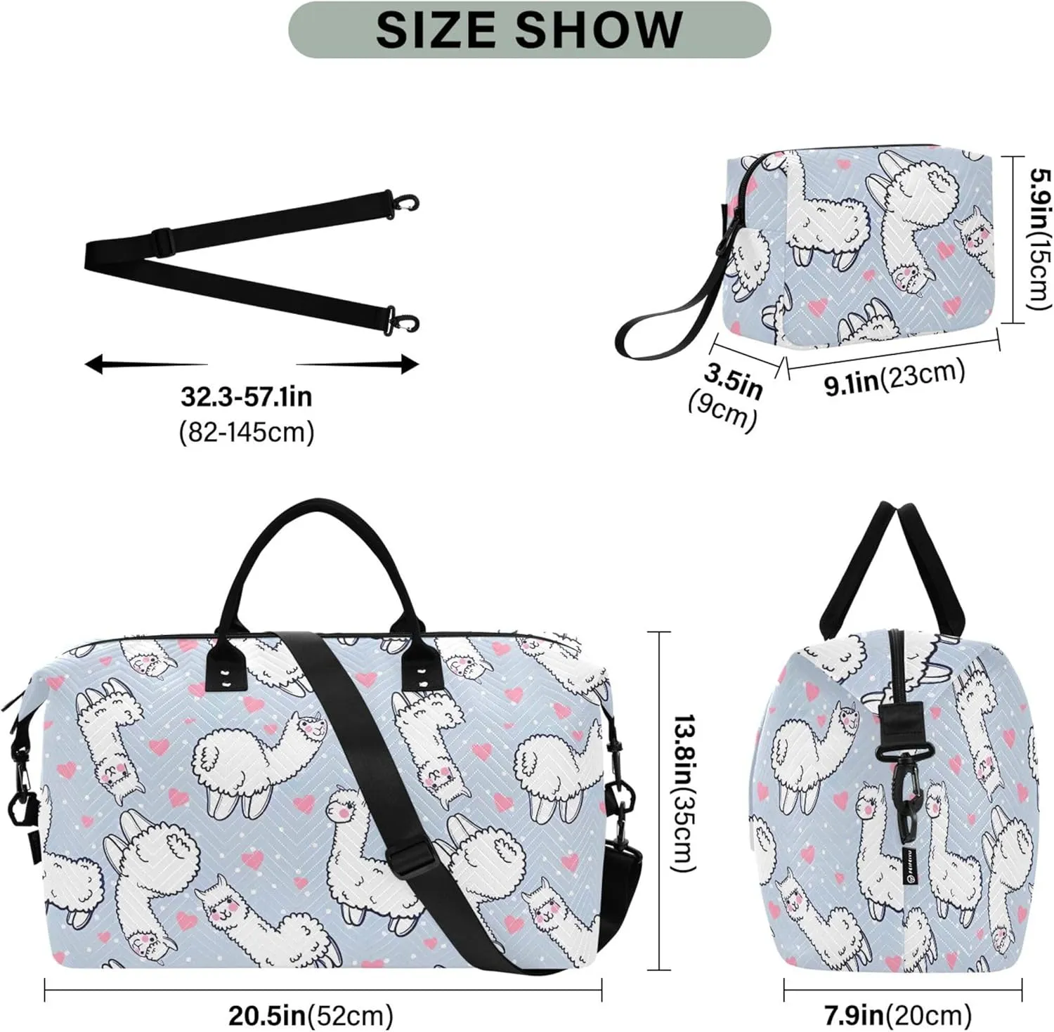 Cute Alpacas Hearts Grey White Duffle Bag Women Travel Makeup Pouch Set, Animal Tote Gym Bag Weekender Travel Bag
