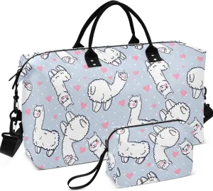Cute Alpacas Hearts Grey White Duffle Bag Women Travel Makeup Pouch Set, Animal Tote Gym Bag Weekender Travel Bag