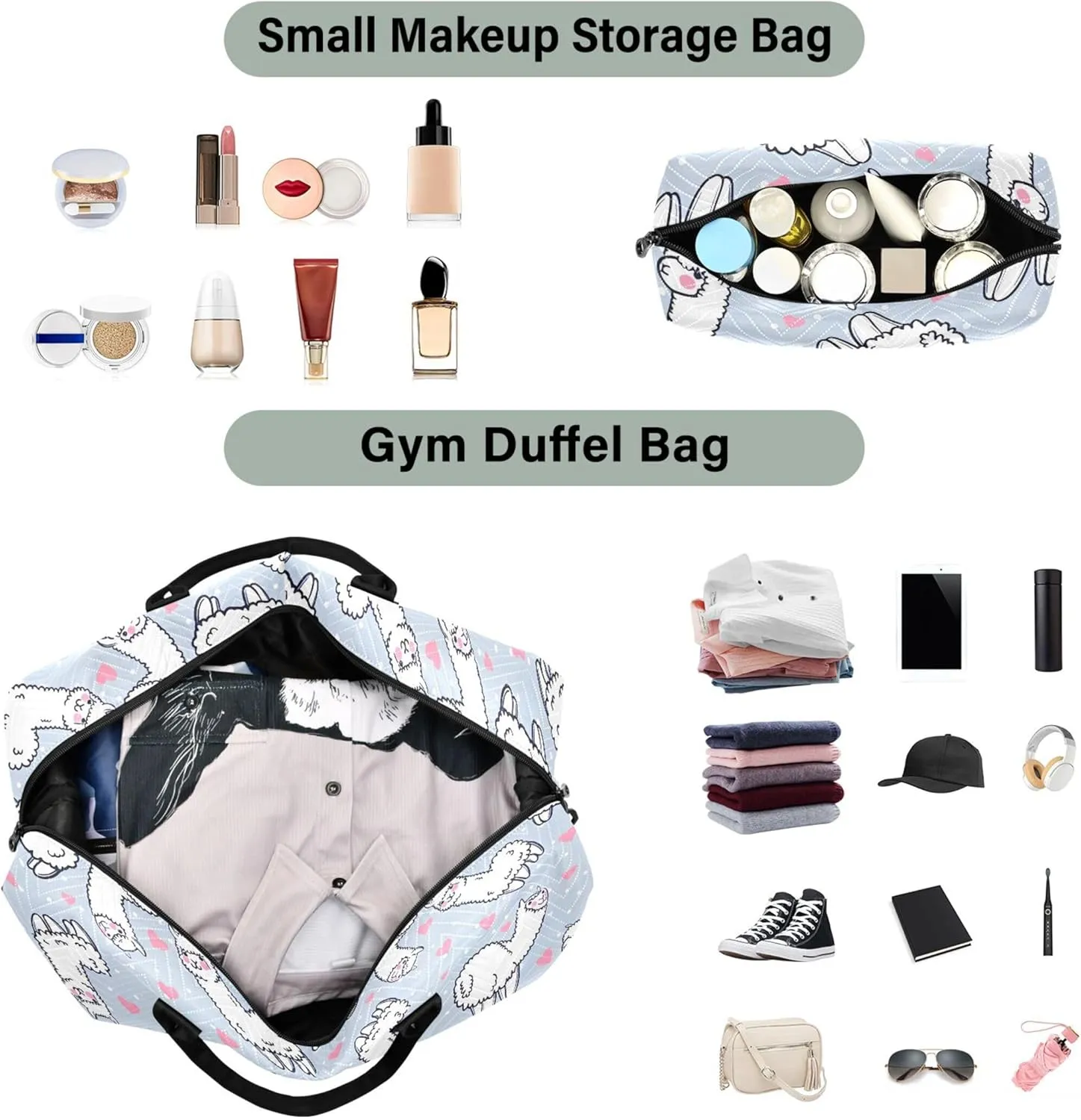 Cute Alpacas Hearts Grey White Duffle Bag Women Travel Makeup Pouch Set, Animal Tote Gym Bag Weekender Travel Bag