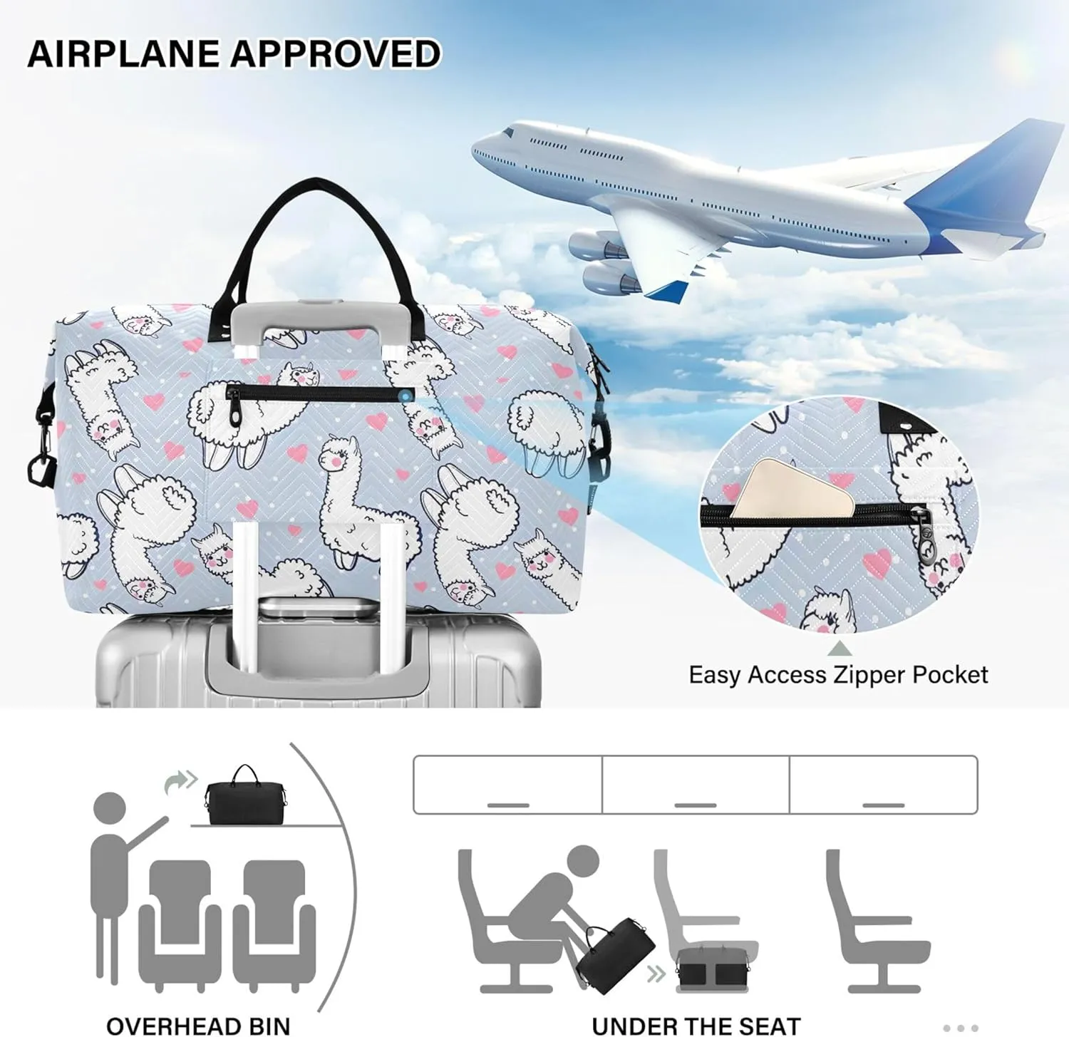 Cute Alpacas Hearts Grey White Duffle Bag Women Travel Makeup Pouch Set, Animal Tote Gym Bag Weekender Travel Bag