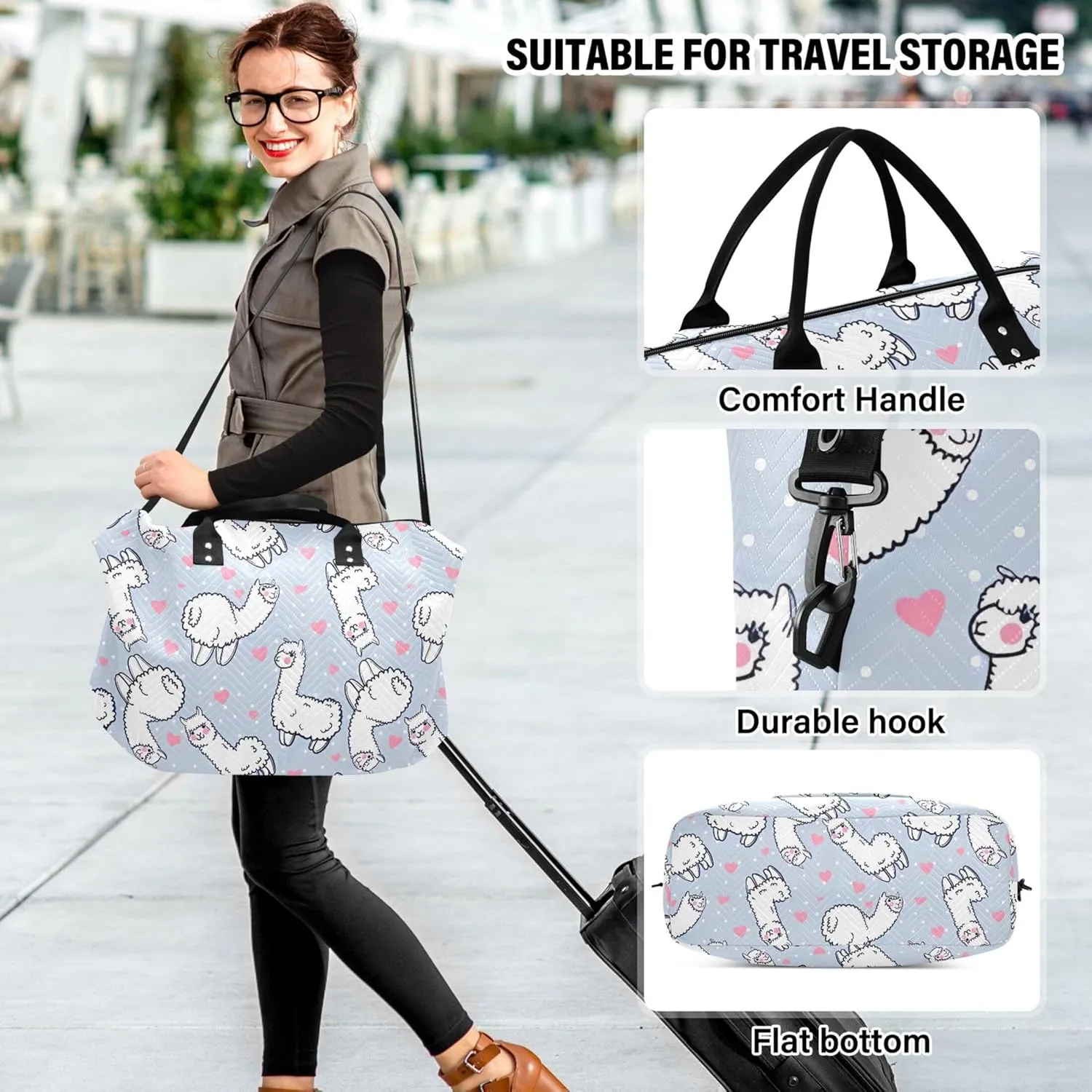 Cute Alpacas Hearts Grey White Duffle Bag Women Travel Makeup Pouch Set, Animal Tote Gym Bag Weekender Travel Bag
