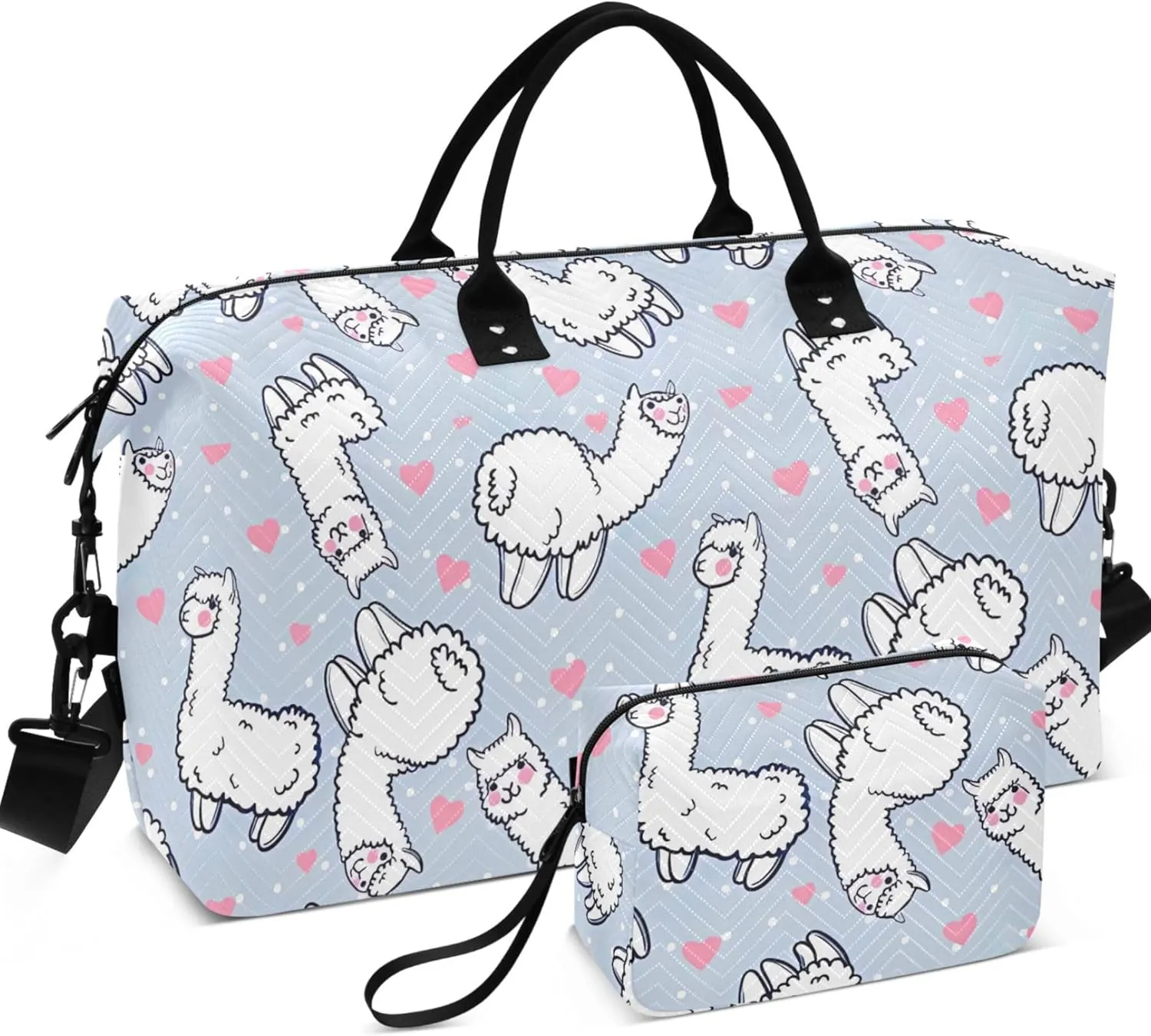 Cute Alpacas Hearts Grey White Duffle Bag Women Travel Makeup Pouch Set, Animal Tote Gym Bag Weekender Travel Bag